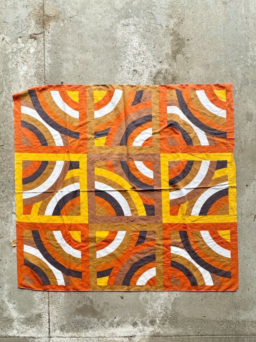Vintage 60's Retro Brown Orange Yellow Print Linen 50" x 46" Tablecloth Fabric